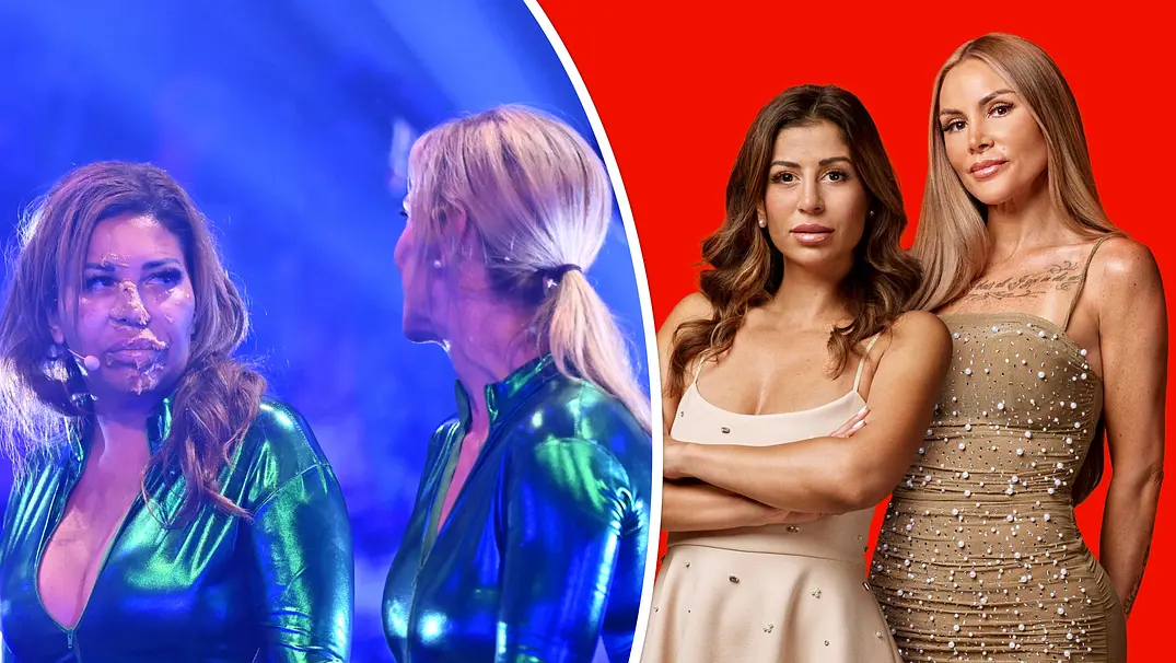 Collage: Links Patricia Blanco mit Torte im Gesicht schaut zu Danni Büchner, rechts Eva Benetatou & Lisha Savage  - Foto: Joyn