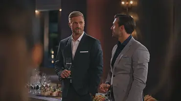 Sebastian und Tim im Anzug stehen bei einem Empfang nebeneinander, halten jeweils ein Glas in der Hand und unterhalten sich. - Foto: RTL
