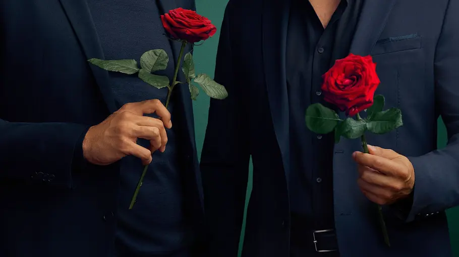 Die Bachelors Sebastian im Liebesglück Die Bachelors mit Rosen in der Hand.