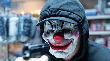 Jemand richtet eine Gaspistole auf eine vermummte Person mit Clownsmaske.  - Foto: ZDF/Michael Marhoffer