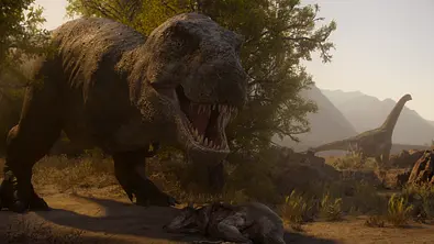 Ein an einen T-Rex anmutender Dinosaurier brüllt. Im Hintergrund sieht man einen Dinosaurier, der einem Brachiosaurus ähnelt. - Foto: Courtesy of Netflix