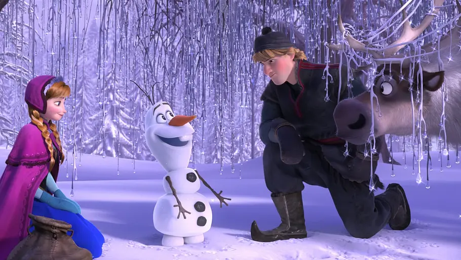 Anna, Schneemann Olaf, Kristoff und Rentier Sven reden im verschneiten Wald miteinander.
