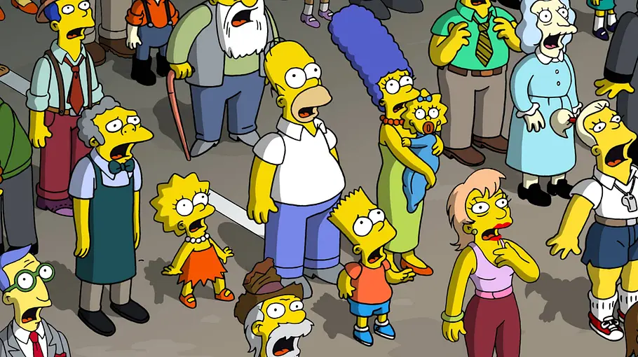 Die Simpsons Viele Charaktere aus „Die Simpsons“ starren schockiert auf einer Straße gen Himmel.