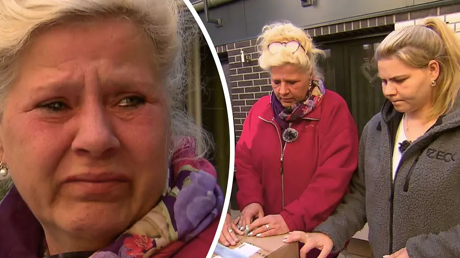 Links: Silvia Wollny in Tränen aufgelöst, rechts: Silvia und Sylvana Wollny mit einem Karton. 