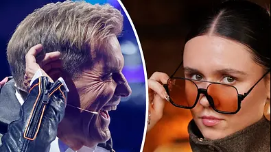 Collage: Links schaut Bohlen mit weit aufgerissenem Mund zur Seite und hält sich die Hand ans Ohr, rechts schaut Constance Dizendorf skeptisch über ihre Brille.  - Foto: IMAGO / Panama Pictures und RTL / Stefan Gregorowius