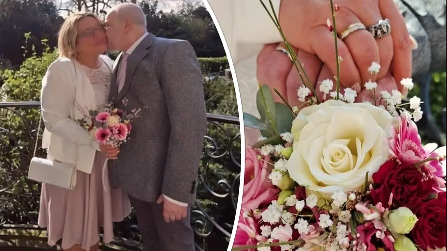 Dieter Wollny Hochzeit Marion Collage: Dieter Wollny im grauen Anzug gibt Ehefrau Marion kurz nach der standesamtlichen Hochzeit einen Kuss auf die Wange, rechts die Ringe und der rot-weiß-pinke Brautstrauß.