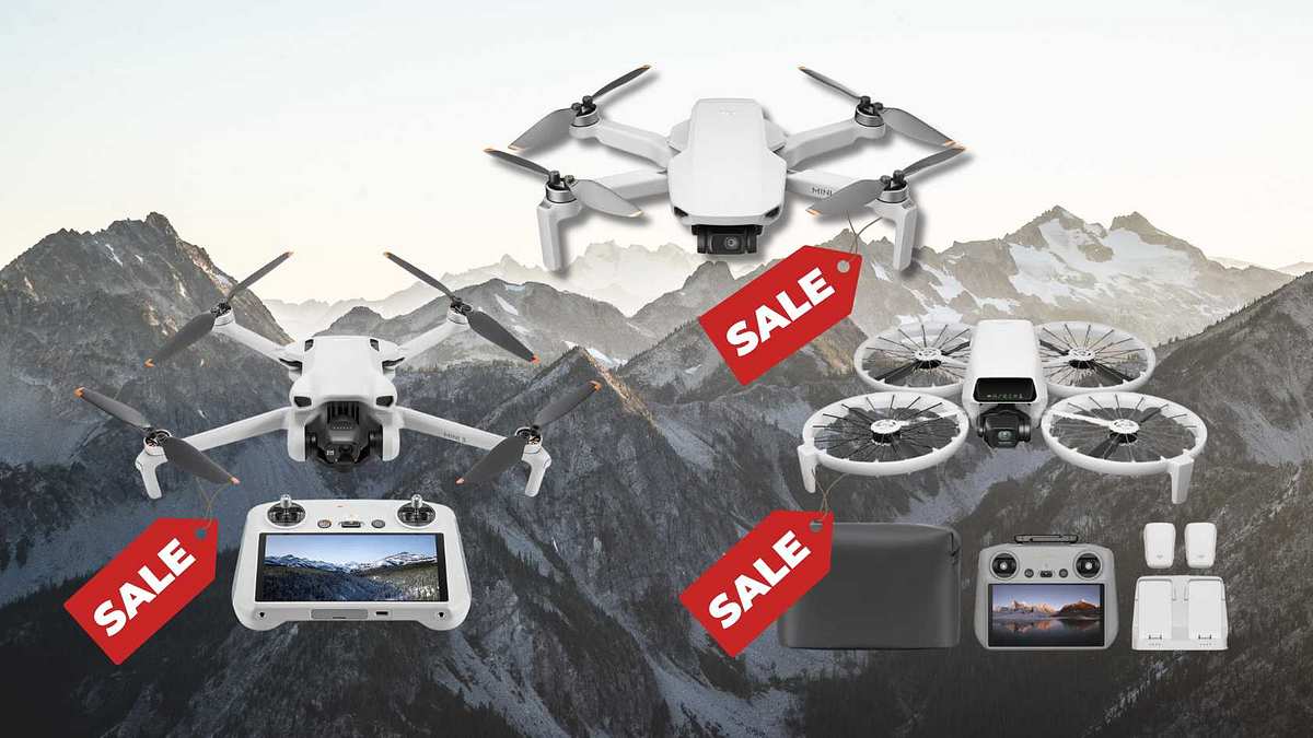 Drei DJI Drohnen mit Sale-Schild und vor einem Gebirgshintergrund