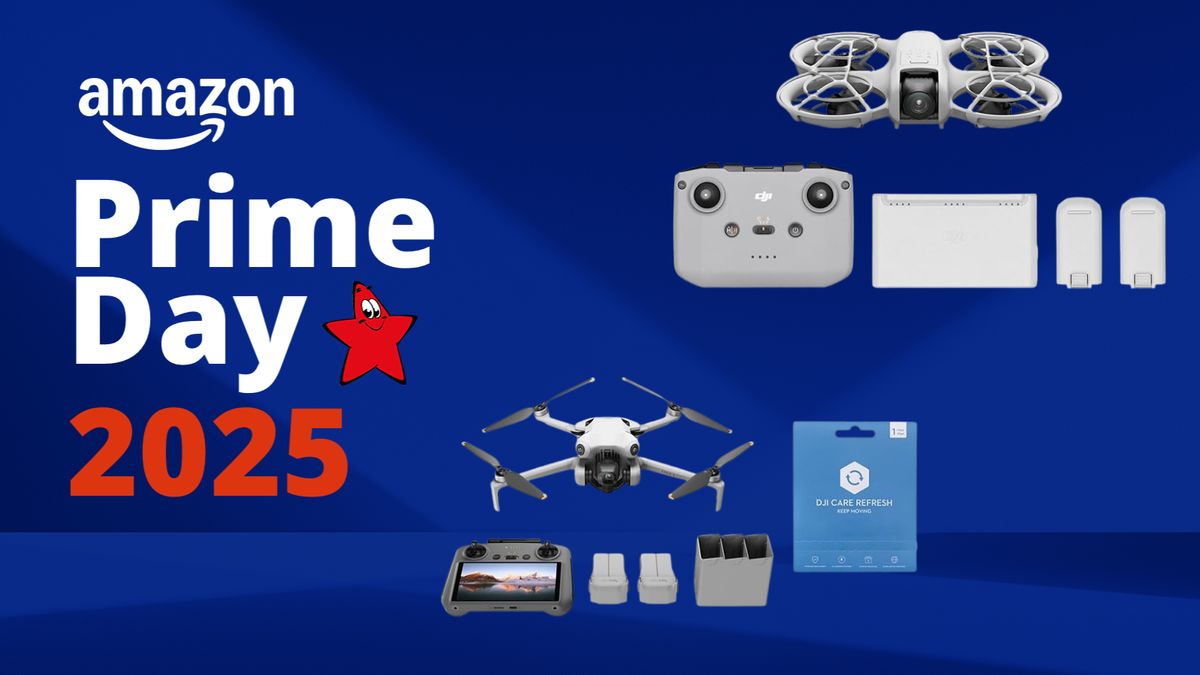 Auch DJI Drohnen wird es am Prime Day genial günstig bei Amazon geben! DJI Mini 4 Pro Fly More Combo und DJI Neo Fly More Combo neben dem Logo des Amazon Prime Day 2025.
