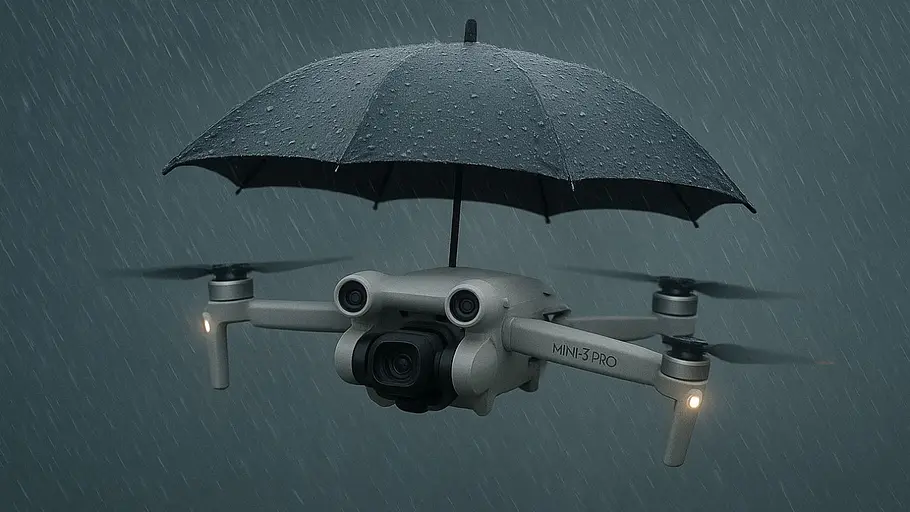 DJI Mini wasserfest Eine Drohne von DJI fliegt im Regen. Über ihr ein kleiner Regenschirm