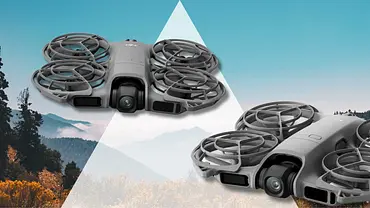 Die DJI Neo 2 Drohne aus zwei Perspektiven vor einem Berg-Hintergrund - Foto: DJI/TVM PR