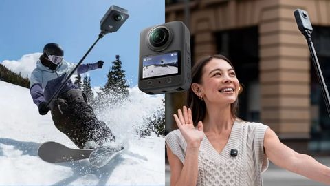 Ein Ski-Fahrer hält eine Kamera bei einer Talabfahrt mit einem Selfie-Stick fest. Auf der rechten Seite des Bildes filmt eine junge Frau ein Selfie-Video in einer ruhigen Straße von sich. In der Mitte des Bildes ist ein Produktbild der Kamera zu sehen. - Foto: DJI/ PR