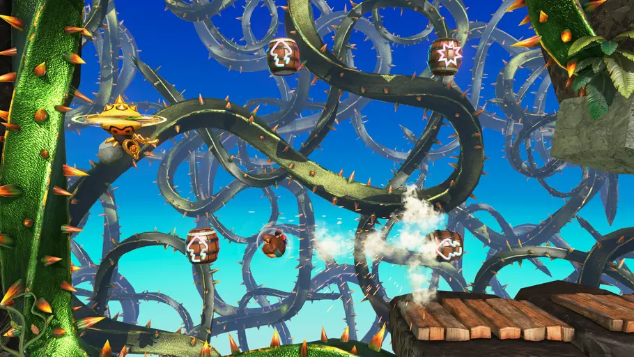 Retro-Herausforderung in Donkey Kong Bananza mit Ranken und Fässern in 2D