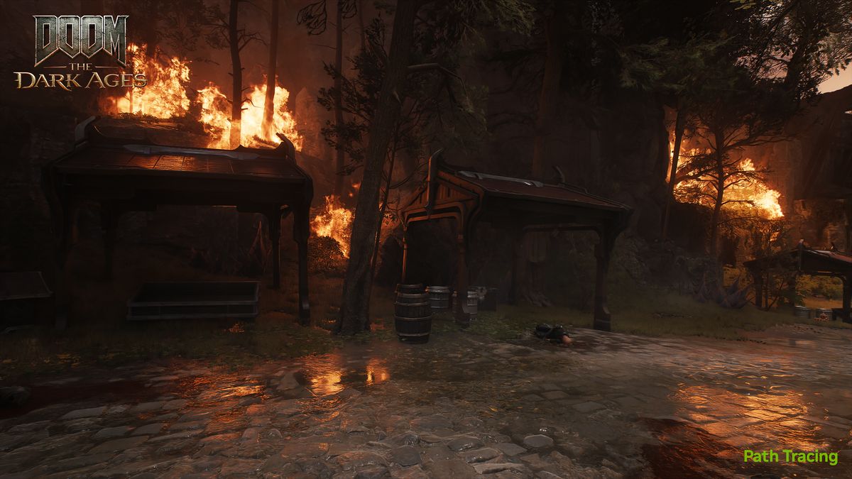 Doom The Dark Ages - Feuer - Path Tracing On Path Tracing in Doom Eternal in eine Szene mit Feuer-Elementen