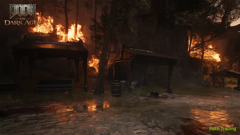 Doom The Dark Ages - Feuer - Path Tracing On Path Tracing in Doom Eternal in eine Szene mit Feuer-Elementen