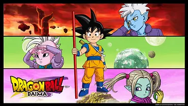Key Art für „Dragon Ball DAIMA“ mit Glorio (oben), Shin und Goku (Mitte) und Panzy (unten). - Foto: Toei Animation