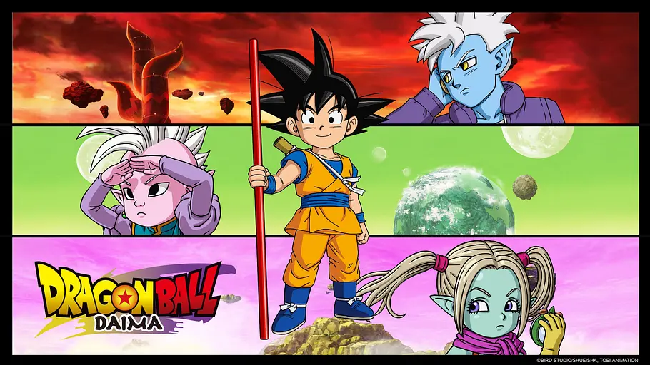 „Dragon Ball DAIMA“ Key Art für „Dragon Ball DAIMA“ mit Glorio (oben), Shin und Goku (Mitte) und Panzy (unten).