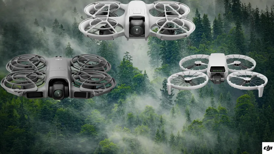 drohnen-dji-apple-watch-steuerung-amazon-tvmovie Drei DJI Drohnen vor einem nebeligen Bergpanorama mit DJI Logo rechts unten.