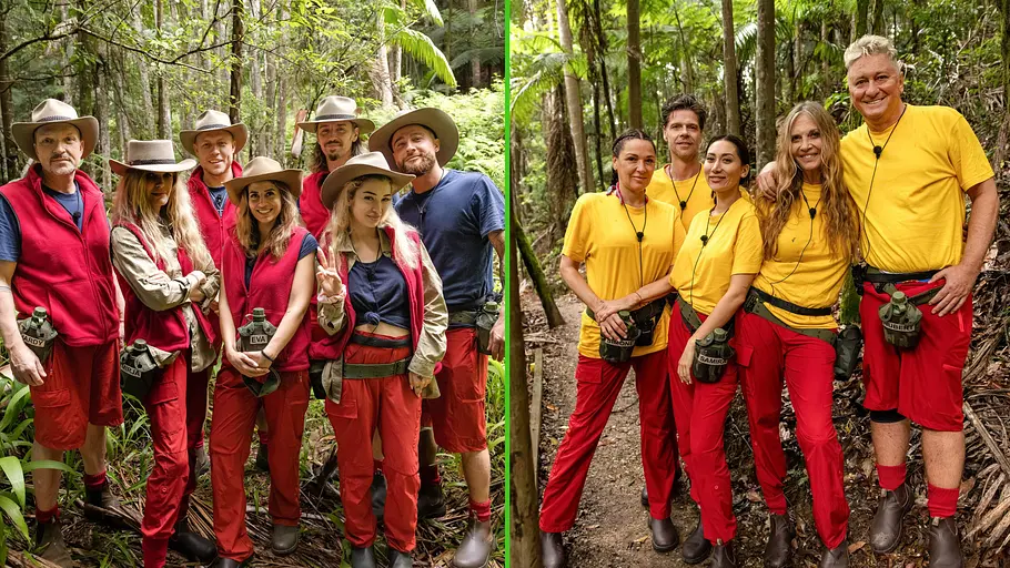 Dschungelcamp 2026 mit zwei verschiedenen Teams in unterschiedlichen Team-Outfits, links Team Hauptcamp in den bekannten Outfits, rechts im Bild das Team „Snakecamp“ in gelben Outfits 