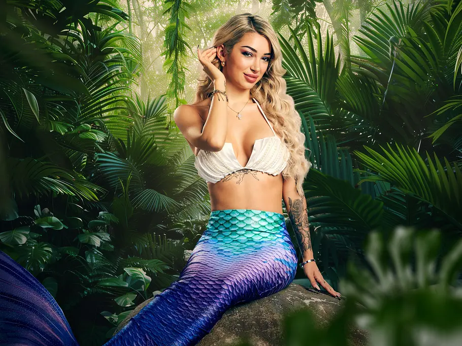 Ariel Hedinger sitzt in einem Meerjungfrauen-Kostüm auf einem Felsen mit im Dschungel und streicht sich mit der rechten Hand ihre blonden Locken hinters Ohr.
