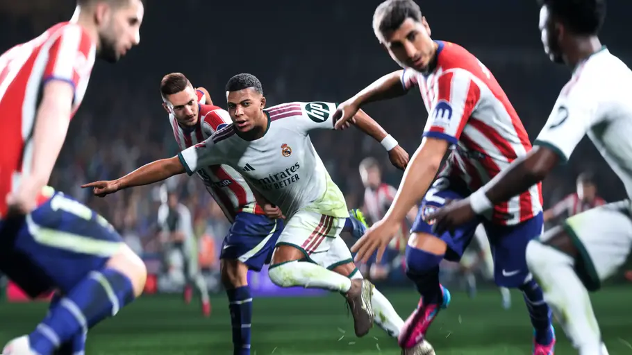 „EA Sports FC 27“ Mbappé überlistet einige Fußballer des Atletico Madrid.