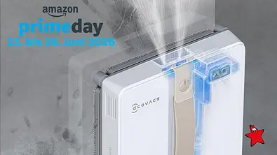 Werbegrafik zum Amazon Prime Day (23. bis 26. Juni 2026) mit einem ECOVACS Fensterreinigungsroboter, der an einer Glasscheibe haftet und Wasser aufsprüht. - Foto: Amazon/PR Werbegrafik zum Amazon Prime Day (23. bis 26. Juni 2026) mit einem ECOVACS Fensterreinigungsroboter, der an einer Glasscheibe haftet und Wasser aufsprüht. - Foto: Amazon/PR