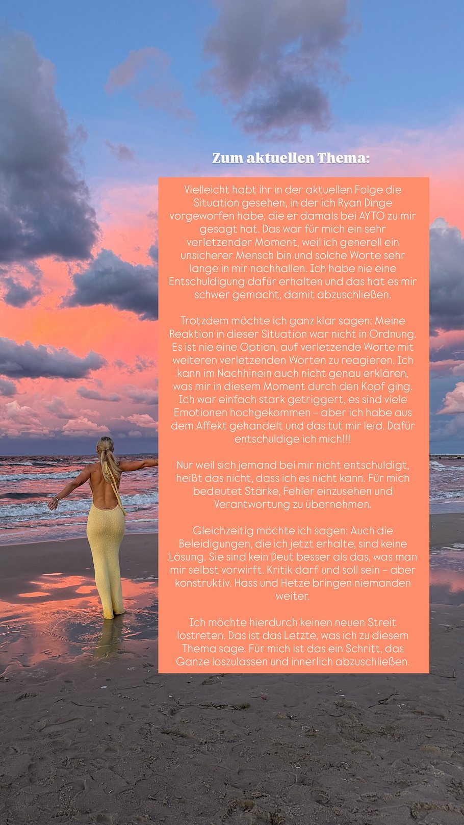 Eddas Instagram-Story: Man sieht sie am Strand von hinten in einem gelben Kleid. Daneben erscheint ein großer Textkasten mit ihrer Erklärung.