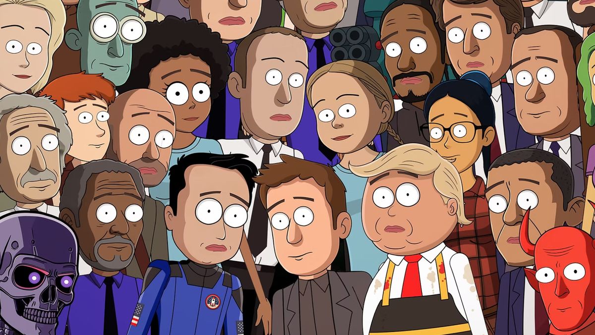 Ein Glück für die KI, dass die meisten Animationsserien für Erwachsene heutzutage sehr ähnlich aussehen. Zahlreiche animierte Figuren, darunter Donald Trump, stehen neben- und übereinander.