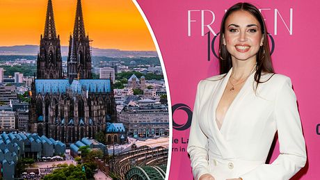 Links: Der Kölner Dom bei Sonnenuntergang, rechts: Ekat vor pinker Kulisse - Foto: IMAGO / Zoonar und IMAGO/Eventpress