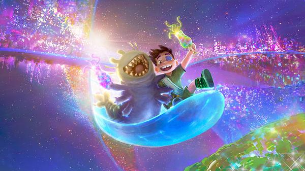 Glordon und Elio sitzen auf einem Gefährt aus blauem Licht, lachen und halten jeweils eine außerirdische Blume in der Hand. - Foto: Disney/Pixar