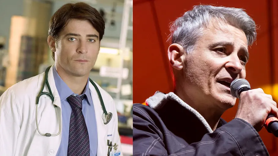 Eine Bildcollage zeigt denselben Mann in zwei verschiedenen Lebensabschnitten: Links trägt er als Arzt einen weißen Kittel mit Stethoskop und Krawatte im Krankenhaus, rechts steht er Jahre später mit grauen Haaren und Mikrofon auf einer Bühne.