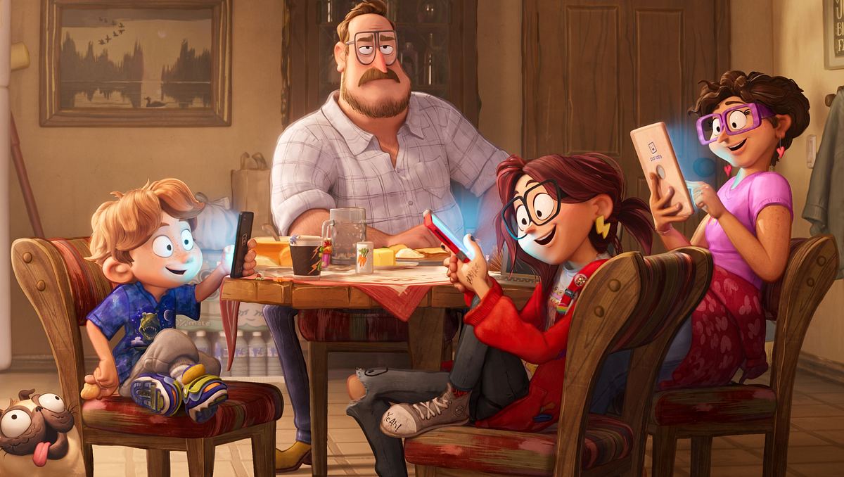 Szene aus Die Mitchells gegen die Maschinen mit Aaron, Rick, Katie und Linda Mitchell