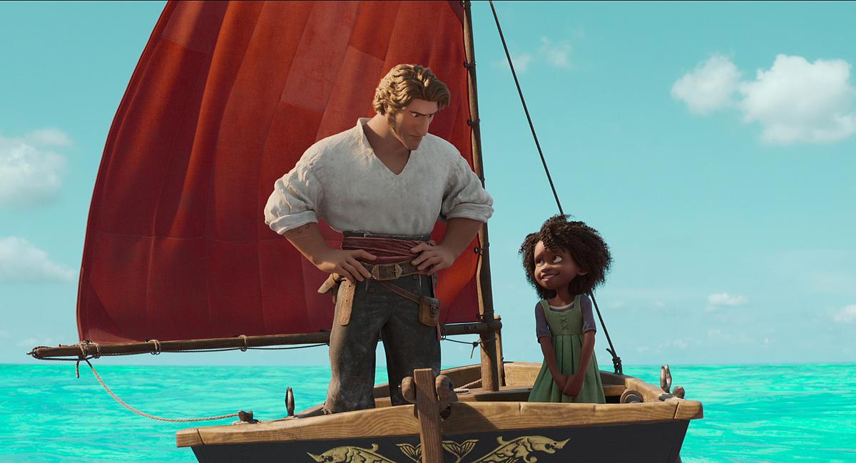 Szene aus Das Seeungeheuer mit Jacob Holland und Maisie Brumble auf einem kleinen Segelboot