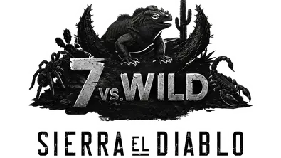 Das dunkle Logo „7 vs. WILD – SIERRA EL DIABLO“ zeigt eine Echse, eine Spinne, einen Skorpion und Kakteen. - Foto: Prime Video