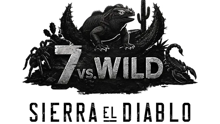 Episode 1 7 vs. Wild: Sierra El Diabolo Lob und Kritik Das dunkle Logo „7 vs. WILD – SIERRA EL DIABLO“ zeigt eine Echse, eine Spinne, einen Skorpion und Kakteen.
