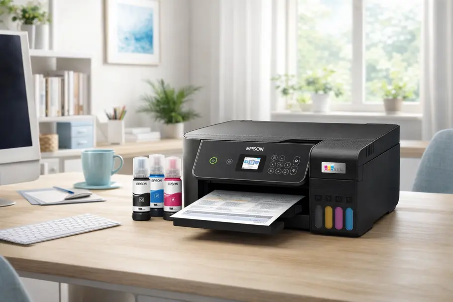 Epson Drucker Epson EcoTank All-in-One-Drucker auf einem hellen Holzschreibtisch in einem freundlichen Homeoffice mit Tageslicht, Pflanzen und Arbeitsmaterialien, während ein Dokument gedruckt wird.