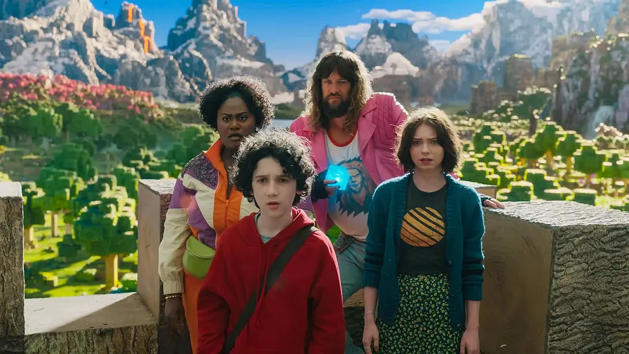 Erfolgreichste Filme 2025 Ein Minecraft Film Szene aus Ein Minecraft Filmen mit Garett, Natalie, Henry und Dawn