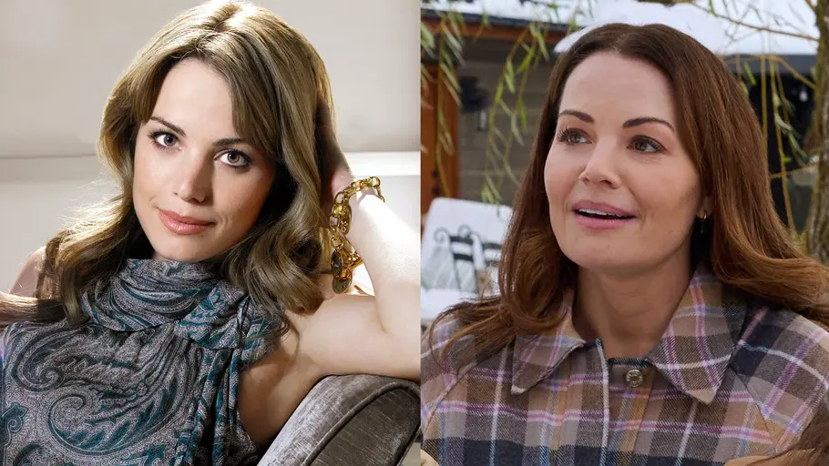 Erica Durance Collage zeigt Erica Durance damals und heute.