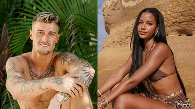 Zwei Personen sitzen jeweils einzeln im Freien. Links sitzt Laurenz mit tätowiertem Oberkörper und lilafarbener Badehose vor grünen Palmenblättern. Rechts sitzt Brenda mit langen dunklen Haaren in einem braunen Bikini und Leopardenmuster-Sarong auf sandfarbenem Felsen. Beide blicken lächelnd in die Kamera. - Foto: Collage: RTL / Daniel Alvarez, RTL / Friederike Jacobitz Zwei Personen sitzen jeweils einzeln im Freien. Links sitzt Laurenz mit tätowiertem Oberkörper und lilafarbener Badehose vor grünen Palmenblättern. Rechts sitzt Brenda mit langen dunklen Haaren in einem braunen Bikini und Leopardenmuster-Sarong auf sandfarbenem Felsen. Beide blicken lächelnd in die Kamera. - Foto: Collage: RTL / Daniel Alvarez, RTL / Friederike Jacobitz