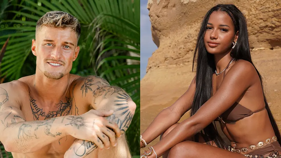 Ex on the Beach Zwei Personen sitzen jeweils einzeln im Freien. Links sitzt Laurenz mit tätowiertem Oberkörper und lilafarbener Badehose vor grünen Palmenblättern. Rechts sitzt Brenda mit langen dunklen Haaren in einem braunen Bikini und Leopardenmuster-Sarong auf sandfarbenem Felsen. Beide blicken lächelnd in die Kamera.