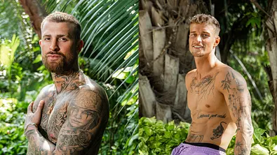 Gigi und Laurenz posieren oberkörperfrei in tropischer Umgebung mit Palmen und viel Grün; links steht einer frontal, rechts lehnt einer an einer Mauer. - Foto: Collage: RTL / Daniel Alvarez Gigi und Laurenz posieren oberkörperfrei in tropischer Umgebung mit Palmen und viel Grün; links steht einer frontal, rechts lehnt einer an einer Mauer. - Foto: Collage: RTL / Daniel Alvarez