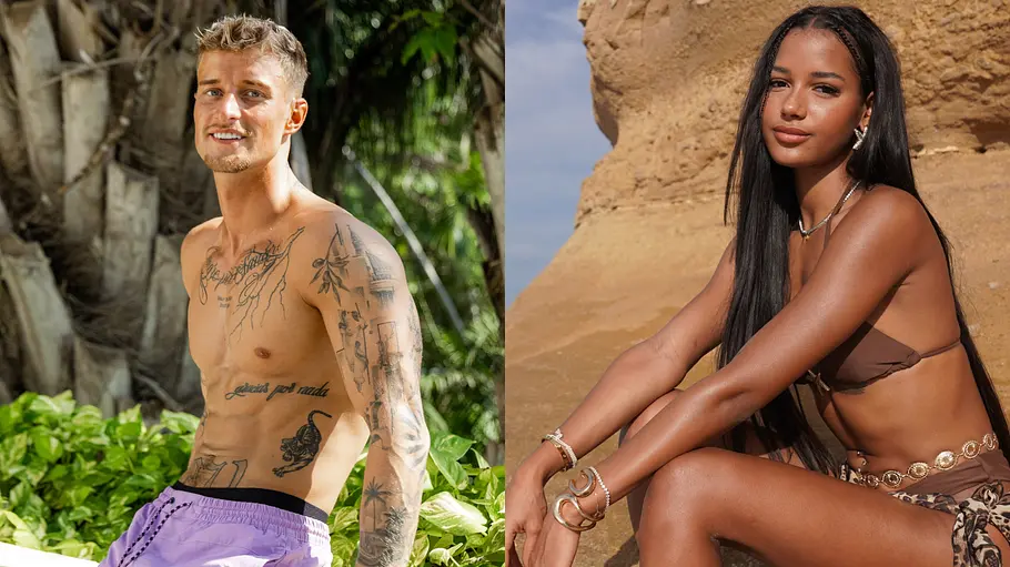 Laurenz Pesch und Brenda Brinkmann. Collage der „Ex on the Beach“-Teilnehmenden Laurenz und Brenda: Links steht Laurenz oberkörperfrei in lila Badeshorts vor tropischer Kulisse, rechts sitzt Brenda im braunen Bikini vor einer Felsformation am Strand und blickt in die Kamera.