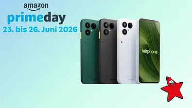 Werbegrafik zu Amazon Prime Day mit dem Text „23. bis 26. Juni 2026“ und mehreren Fairphone-Smartphones in Grün, Schwarz und Weiß. - Foto: amazon/pr