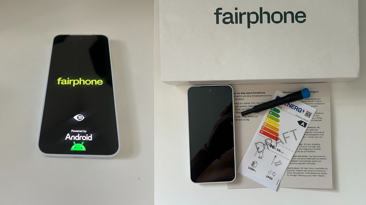 Fairphone 6 Praxistest Das Fairphone 6 mit angeschaltetem Bildschirm auf der linken Seite – auf der rechten Seite liegt das Gerät mit einem Zettel und Torx-Schraubendreher vor einem Karton.