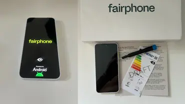 Das Fairphone 6 mit angeschaltetem Bildschirm auf der linken Seite – auf der rechten Seite liegt das Gerät mit einem Zettel und Torx-Schraubendreher vor einem Karton. - Foto: TVM/Privat Das Fairphone 6 mit angeschaltetem Bildschirm auf der linken Seite – auf der rechten Seite liegt das Gerät mit einem Zettel und Torx-Schraubendreher vor einem Karton. - Foto: TVM/Privat