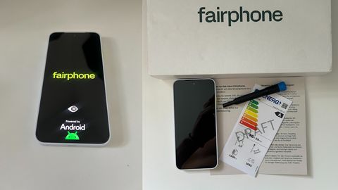 Das Fairphone 6 mit angeschaltetem Bildschirm auf der linken Seite – auf der rechten Seite liegt das Gerät mit einem Zettel und Torx-Schraubendreher vor einem Karton. - Foto: TVM/Privat