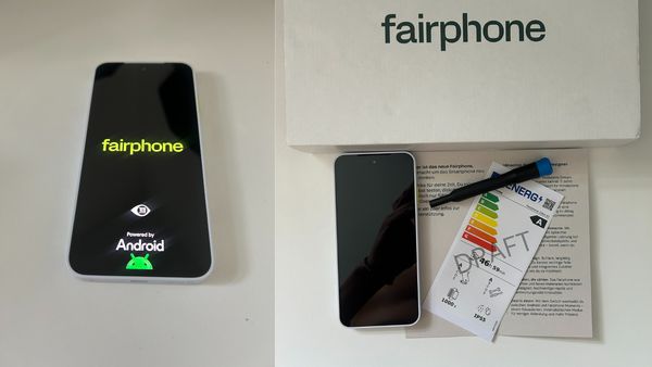 Das Fairphone 6 mit angeschaltetem Bildschirm auf der linken Seite – auf der rechten Seite liegt das Gerät mit einem Zettel und Torx-Schraubendreher vor einem Karton. - Foto: TVM/Privat