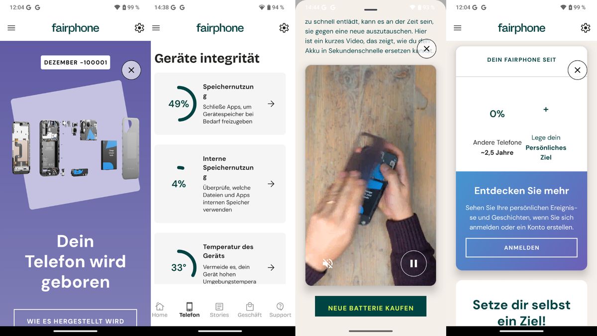 Fairphone App Vier Screenshots einer App mit redaktionellen und visuellen Inhalten.
