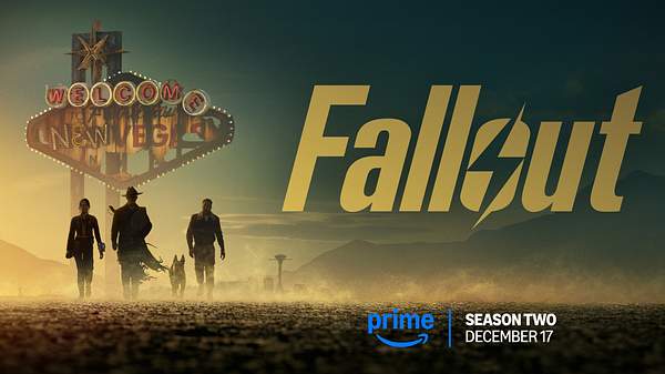 Das Artwork zu Fallout - Staffel 2 zeigt den Ghoul & Co., wie sie das Schild von New Vegas erreichen. - Foto: Prime Video