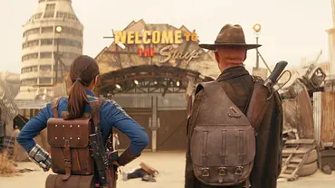 Lucy und der Ghul stehen vor den Toren von New Vegas in Fallout - Staffel 2 - Foto: Prime Video