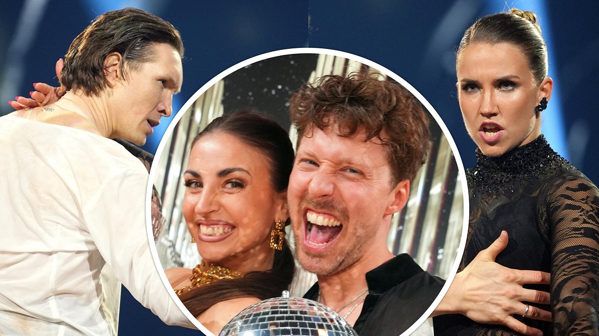 Collage: Auch Mariia Maksina und Evgeny Vinokurov schauen angespannt, Ekaterina Leonova und Valentin Lusin jubeln. Sie halten die Profi-Challenge-Trophäe 2025 in der Hand